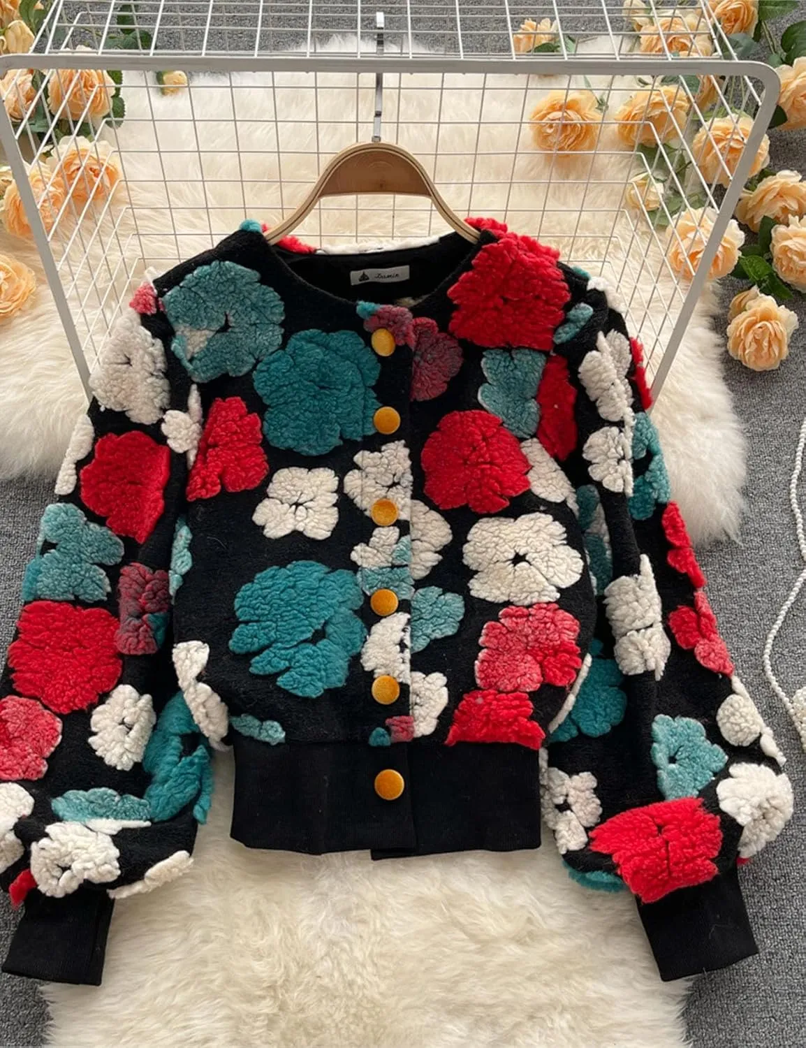Flygo Women's Cropped Floral Print Bomber Jacket Warm Fleece Varsity Jacket Casual Button Down Puff Sleeve Coat Outerwear