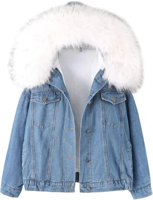 Flygo Women's Oversized Warm Sherpa Lined Faux Fur Hooded Denim Jacket Jean Coat