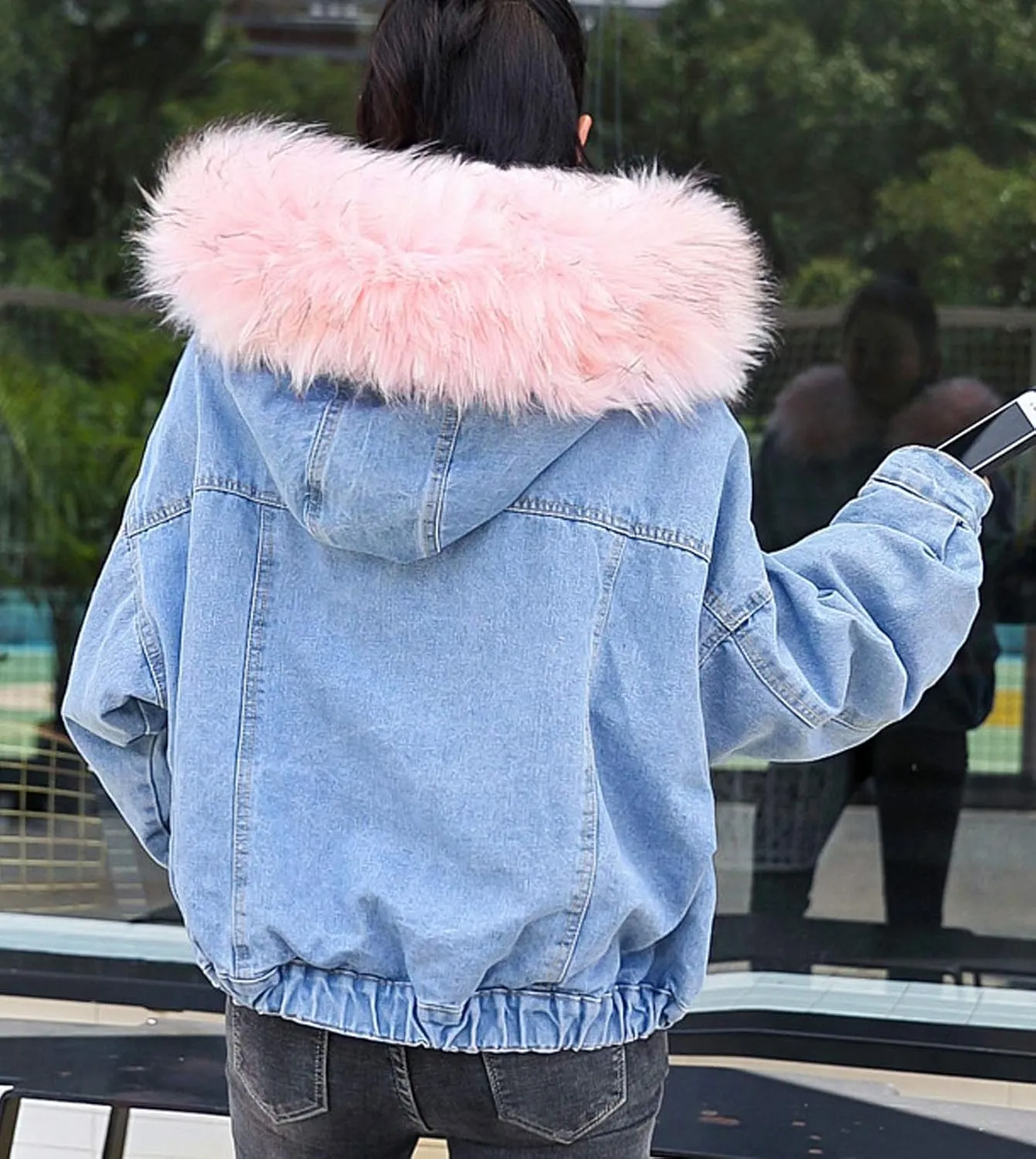 Flygo Women's Oversized Warm Sherpa Lined Faux Fur Hooded Denim Jacket Jean Coat