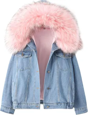 Flygo Women's Oversized Warm Sherpa Lined Faux Fur Hooded Denim Jacket Jean Coat