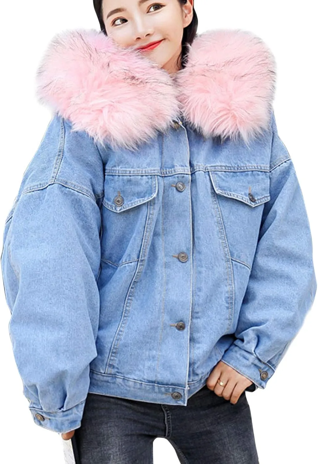 Flygo Women's Oversized Warm Sherpa Lined Faux Fur Hooded Denim Jacket Jean Coat