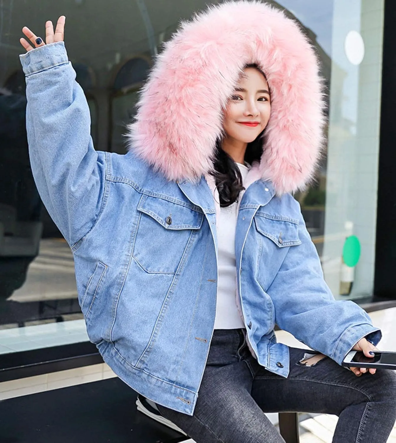 Flygo Women's Oversized Warm Sherpa Lined Faux Fur Hooded Denim Jacket Jean Coat