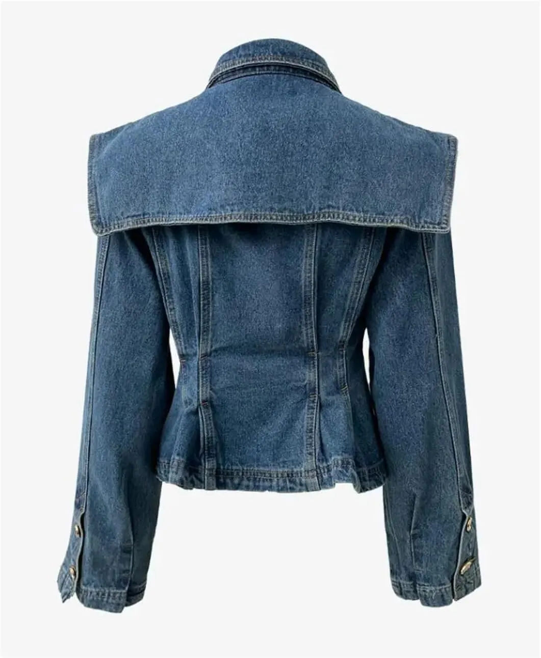 Fnfmrfmr Women Large Cape Denim Jacket Vintage Solid Pocket Pleated Slim Short Zipper Jean Coat