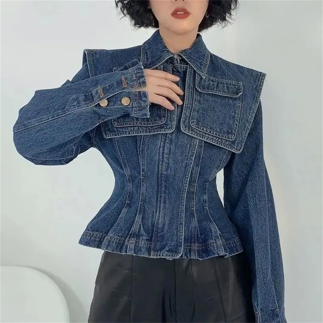 Fnfmrfmr Women Large Cape Denim Jacket Vintage Solid Pocket Pleated Slim Short Zipper Jean Coat