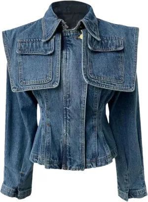 Fnfmrfmr Women Large Cape Denim Jacket Vintage Solid Pocket Pleated Slim Short Zipper Jean Coat