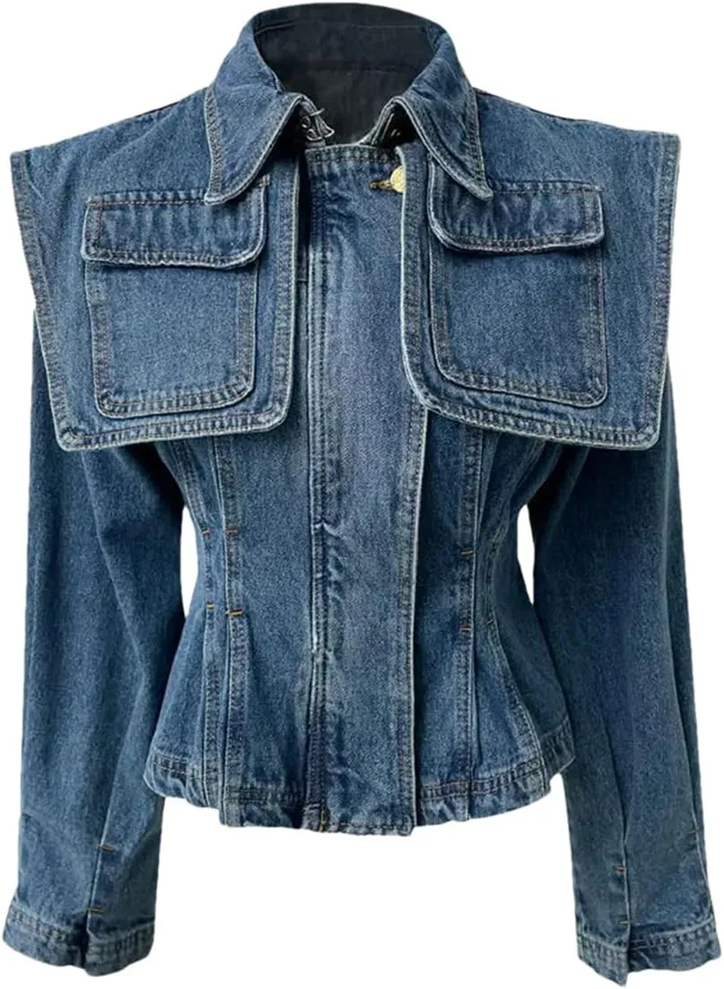 Fnfmrfmr Women Large Cape Denim Jacket Vintage Solid Pocket Pleated Slim Short Zipper Jean Coat