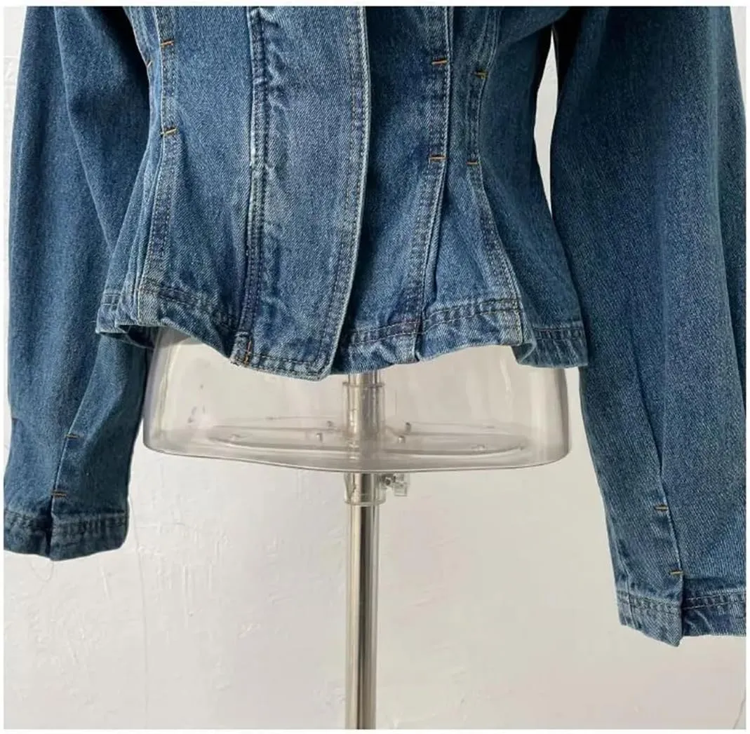 Fnfmrfmr Women Large Cape Denim Jacket Vintage Solid Pocket Pleated Slim Short Zipper Jean Coat