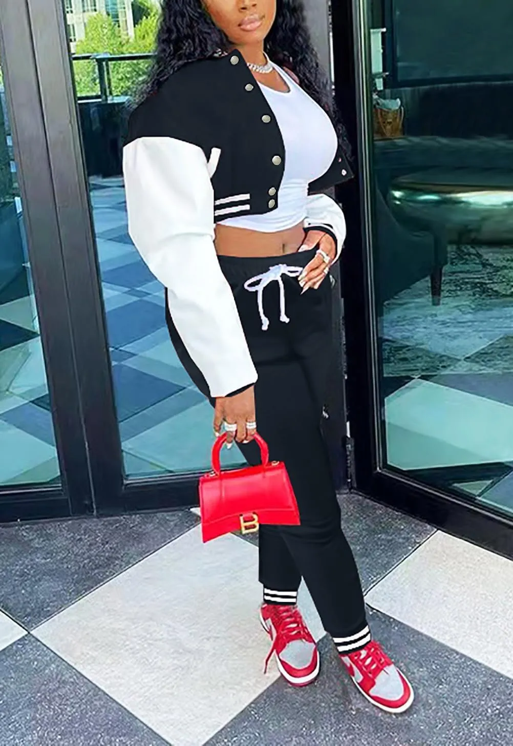 Fooullaide Women's Varsity Jacket Sweatsuit 2 Piece Tracksuit Crop Top Button Down Letterman Jackets Pants Sets