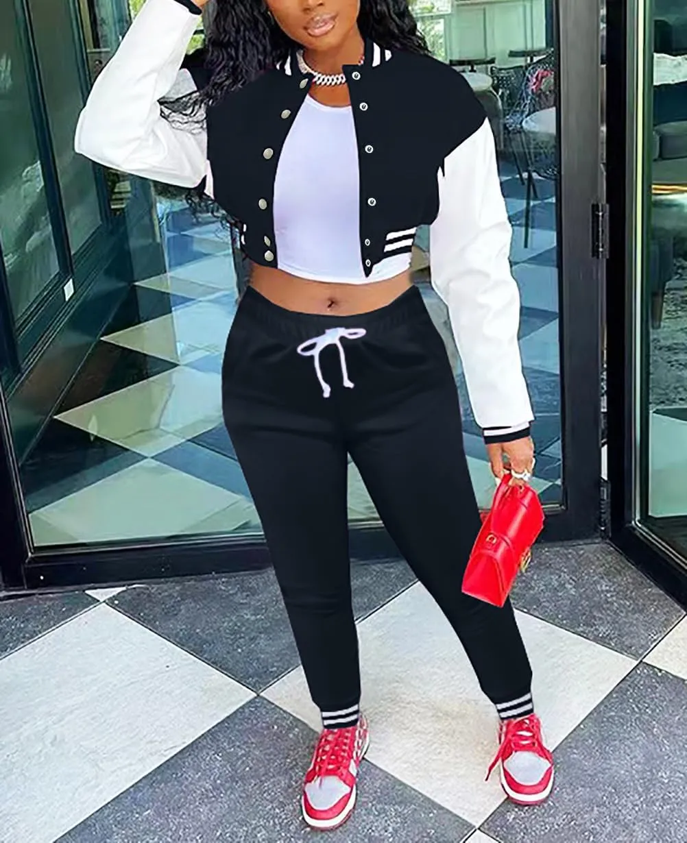 Fooullaide Women's Varsity Jacket Sweatsuit 2 Piece Tracksuit Crop Top Button Down Letterman Jackets Pants Sets