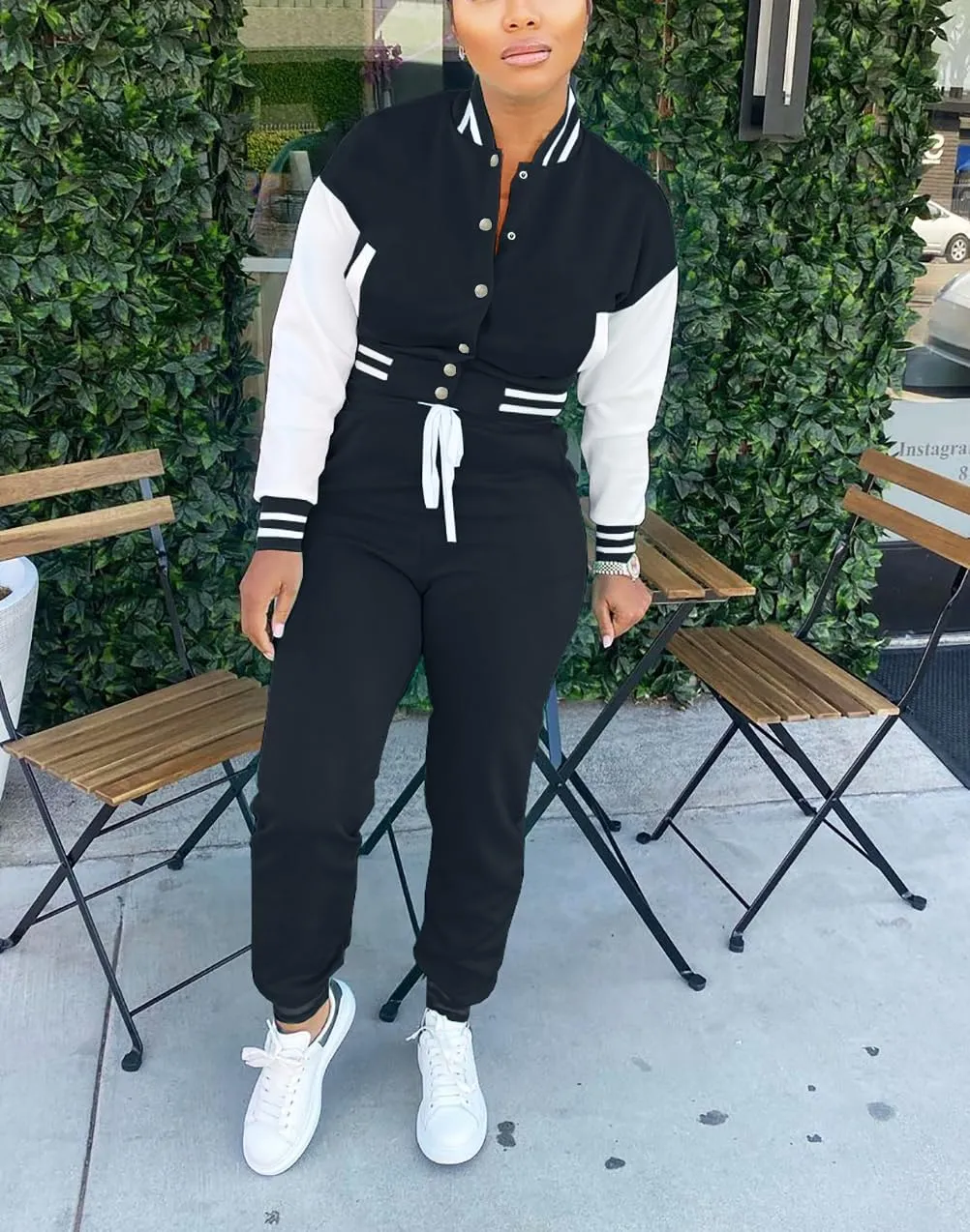 Fooullaide Women's Varsity Jacket Sweatsuit 2 Piece Tracksuit Crop Top Button Down Letterman Jackets Pants Sets