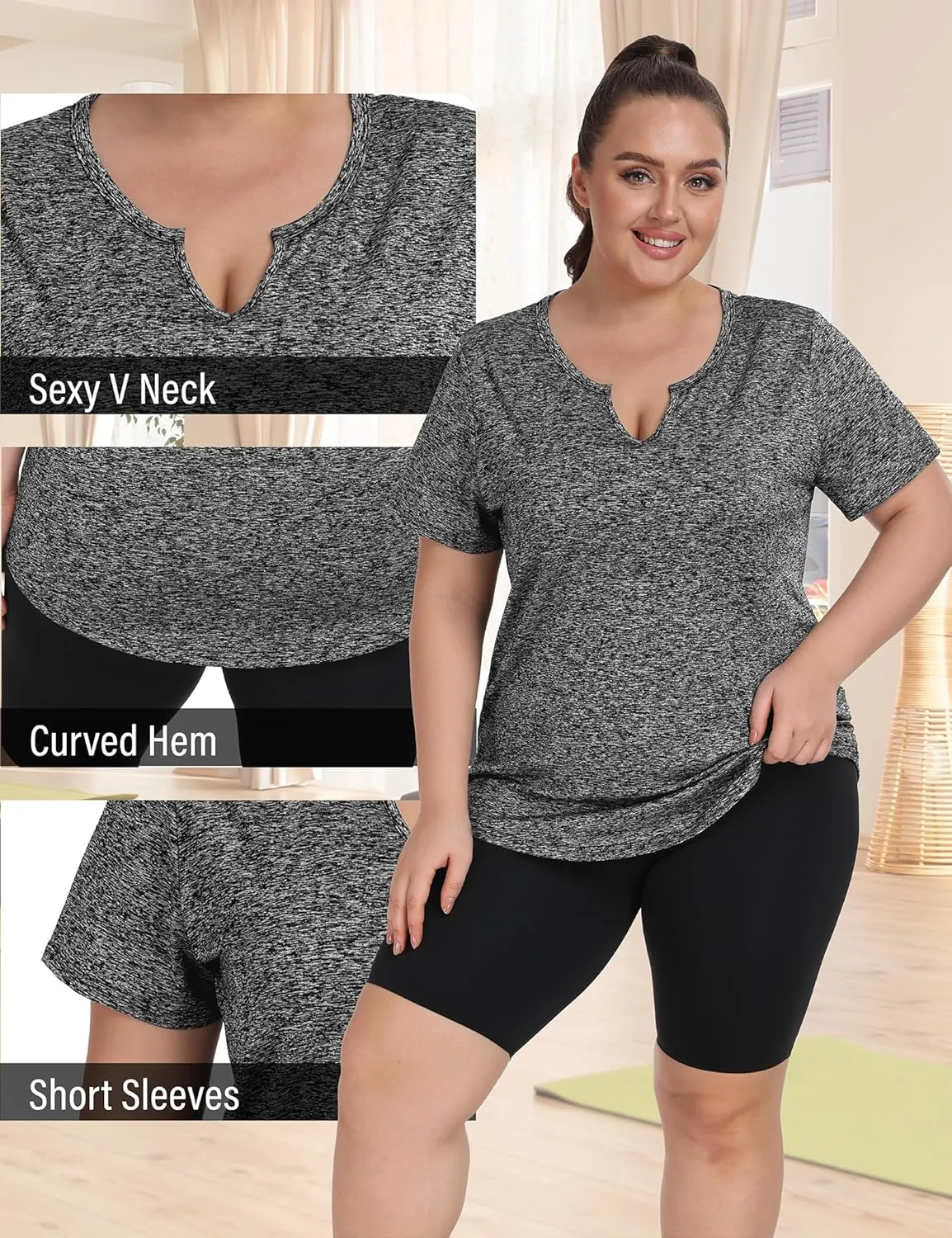 FOREYOND Plus Size Workout Tops for Women Short Sleeves V-Neck Yoga Shirts Loose Fit Athletic Gym Clothing Summer