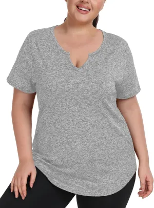 FOREYOND Plus Size Workout Tops for Women Short Sleeves V-Neck Yoga Shirts Loose Fit Athletic Gym Clothing Summer