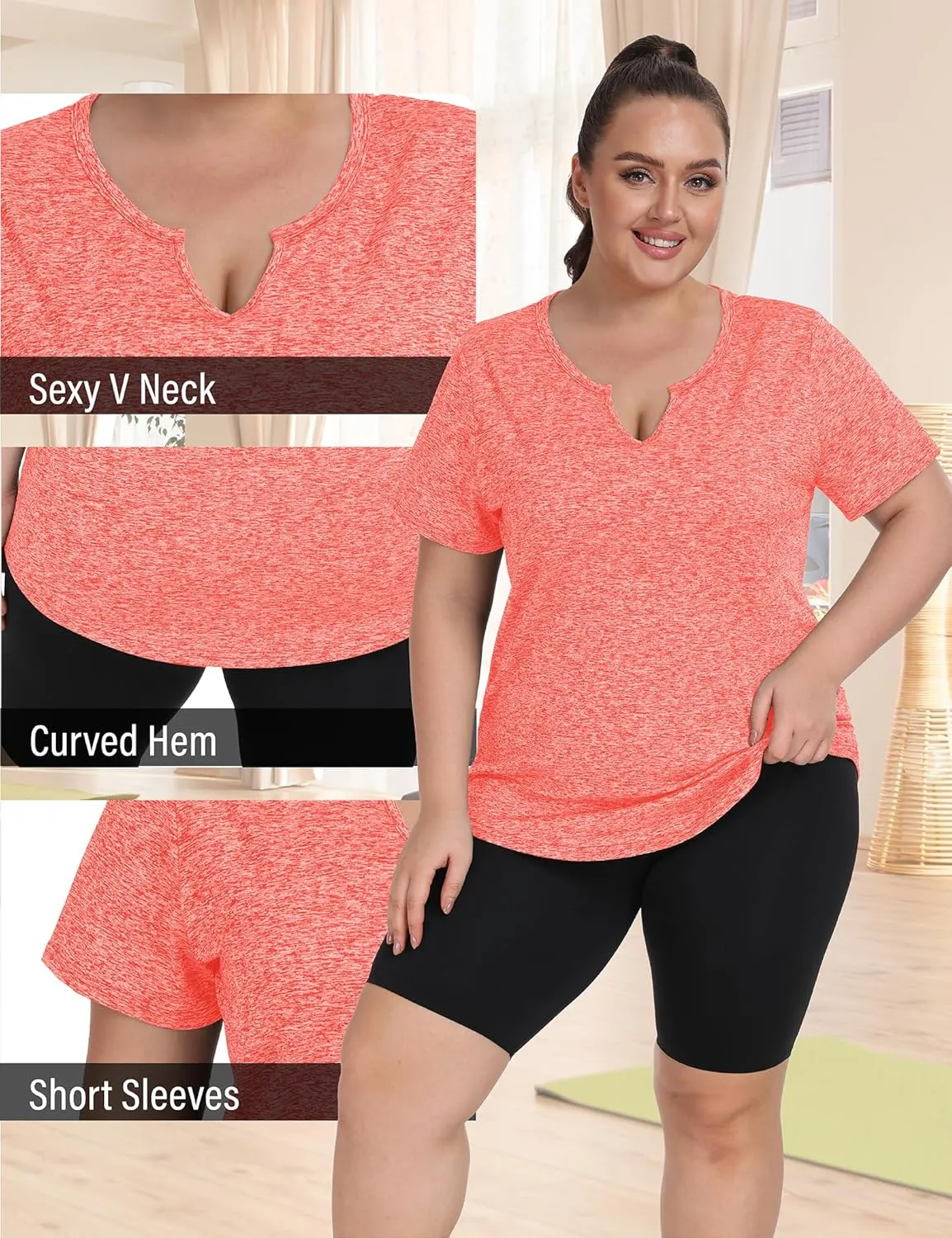 FOREYOND Plus Size Workout Tops for Women Short Sleeves V-Neck Yoga Shirts Loose Fit Athletic Gym Clothing Summer