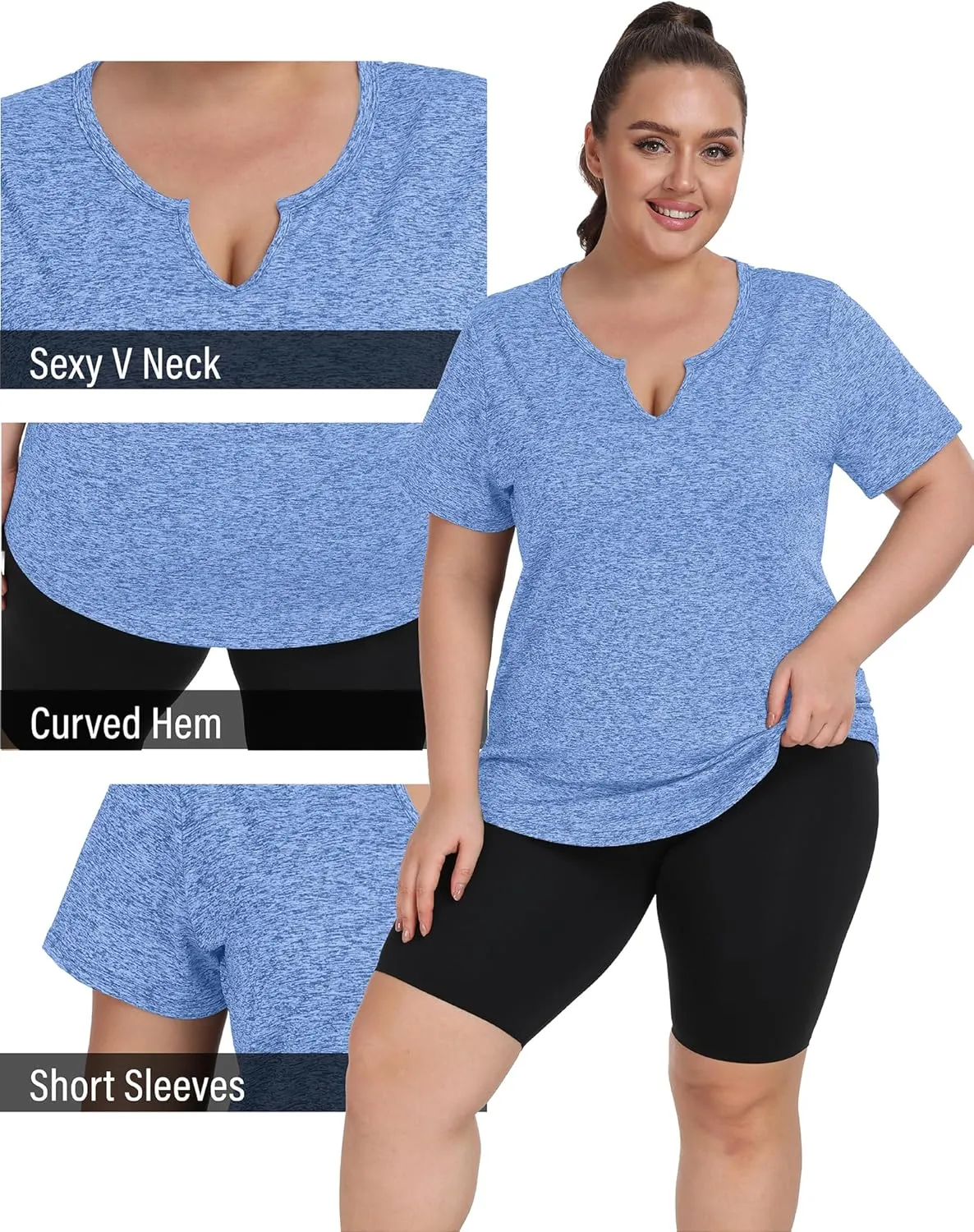 FOREYOND Plus Size Workout Tops for Women Short Sleeves V-Neck Yoga Shirts Loose Fit Athletic Gym Clothing Summer