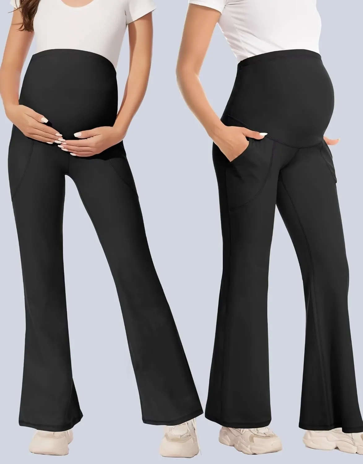 Fotociti Maternity Flare Leggings with Pockets, Womens Soft Pregnancy Pants Over The Belly For Yoga Workout Active