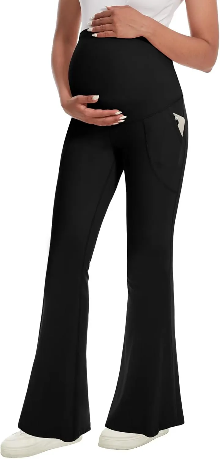 Fotociti Maternity Flare Leggings with Pockets, Womens Soft Pregnancy Pants Over The Belly For Yoga Workout Active