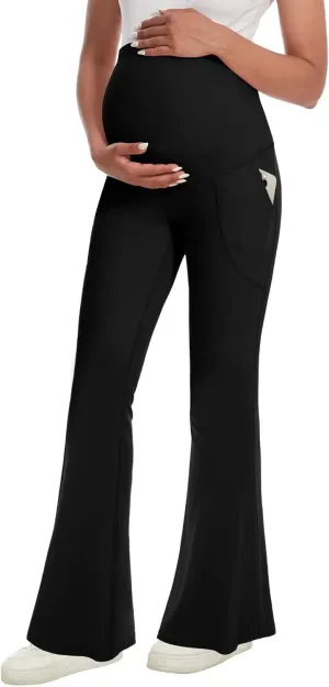 Fotociti Maternity Flare Leggings with Pockets, Womens Soft Pregnancy Pants Over The Belly For Yoga Workout Active