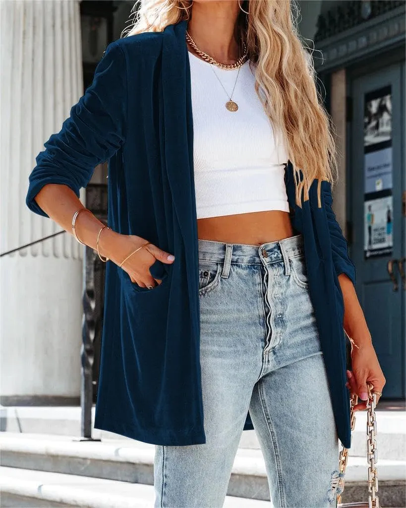 Fronage Women's Business Velvet Blazer Jacket Casual Long Sleeve Lapel Collar Blazer Suits Tops Long Cardigan Outerwear