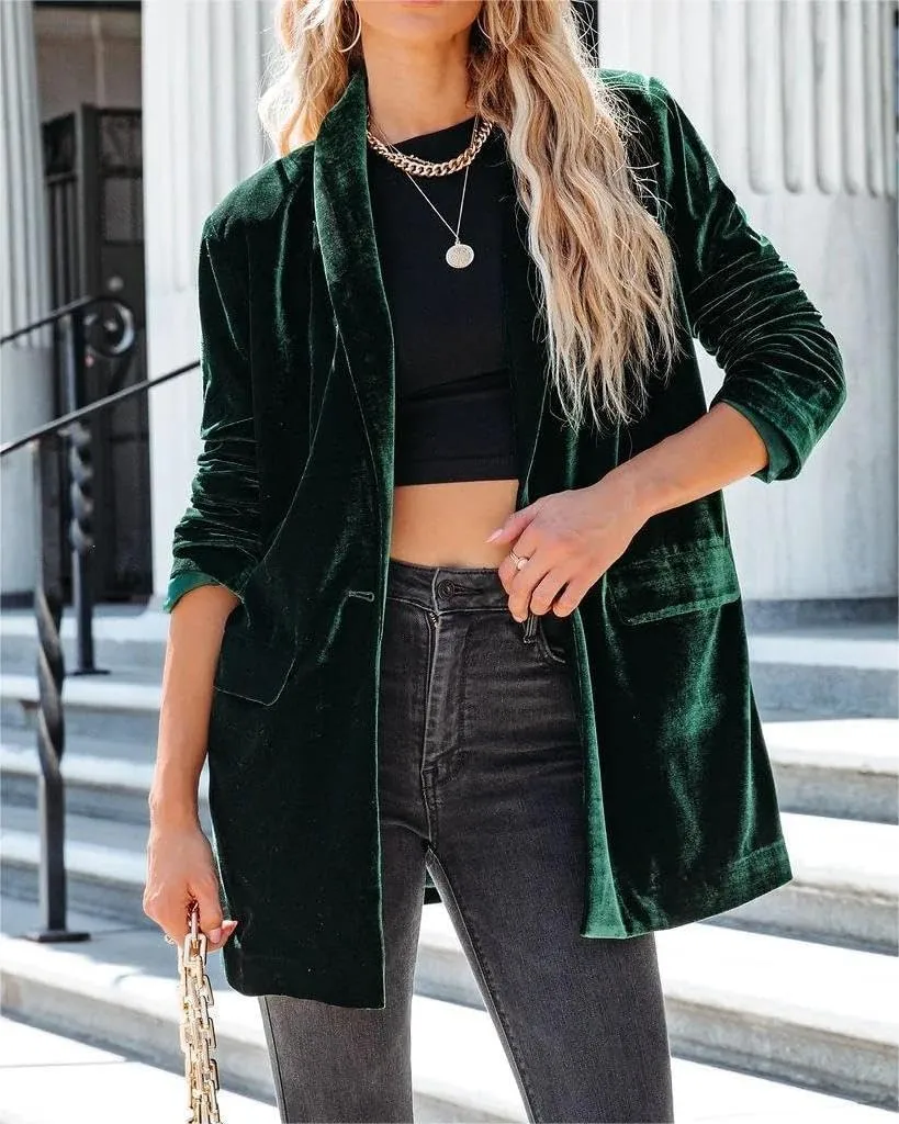 Fronage Women's Business Velvet Blazer Jacket Casual Long Sleeve Lapel Collar Blazer Suits Tops Long Cardigan Outerwear