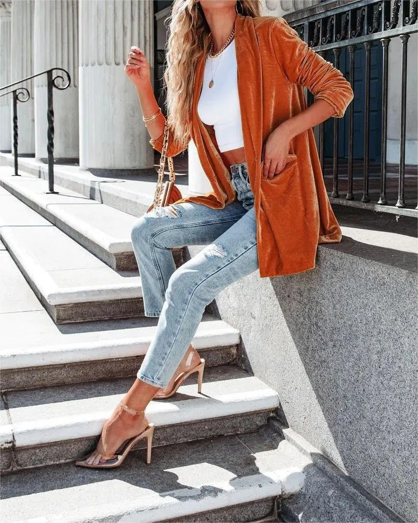 Fronage Women's Business Velvet Blazer Jacket Casual Long Sleeve Lapel Collar Blazer Suits Tops Long Cardigan Outerwear