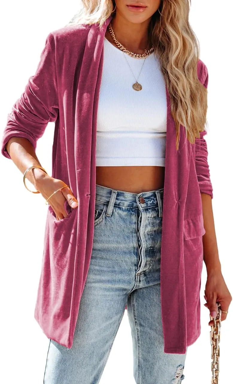 Fronage Women's Business Velvet Blazer Jacket Casual Long Sleeve Lapel Collar Blazer Suits Tops Long Cardigan Outerwear
