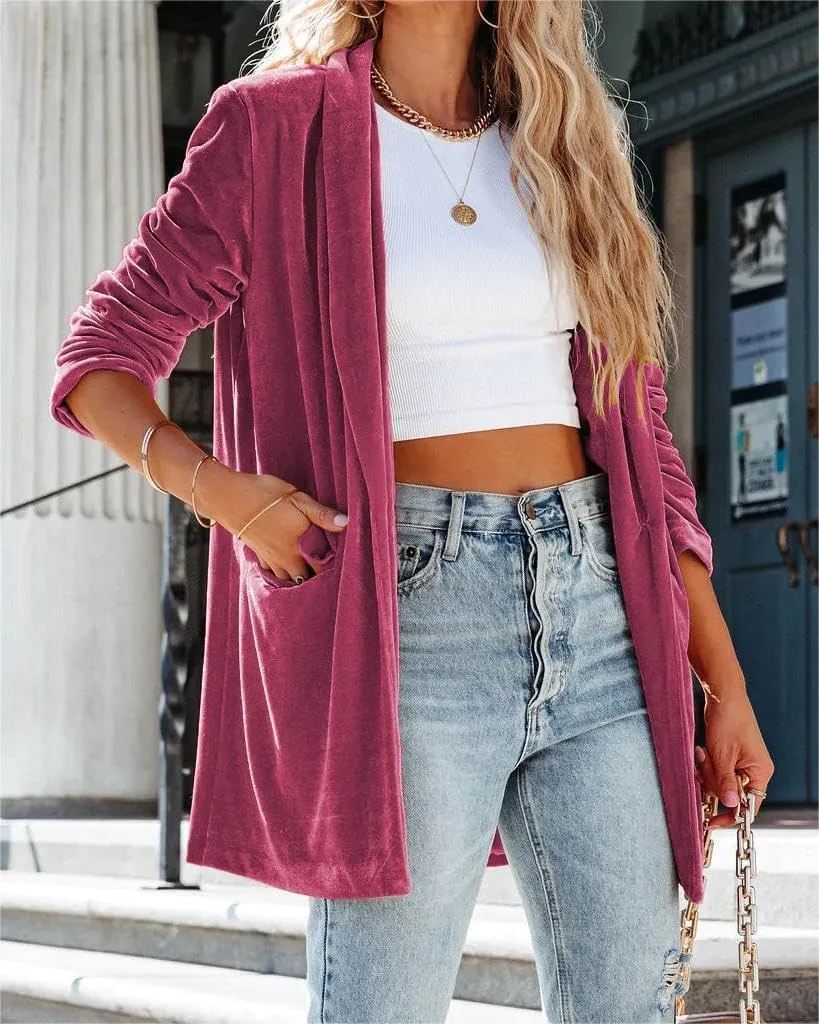 Fronage Women's Business Velvet Blazer Jacket Casual Long Sleeve Lapel Collar Blazer Suits Tops Long Cardigan Outerwear