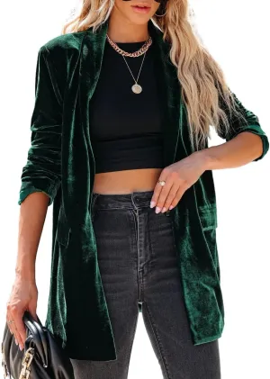 Fronage Women's Business Velvet Blazer Jacket Casual Long Sleeve Lapel Collar Blazer Suits Tops Long Cardigan Outerwear