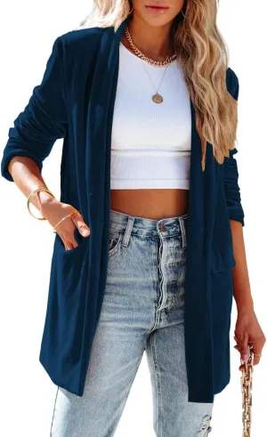 Fronage Women's Business Velvet Blazer Jacket Casual Long Sleeve Lapel Collar Blazer Suits Tops Long Cardigan Outerwear