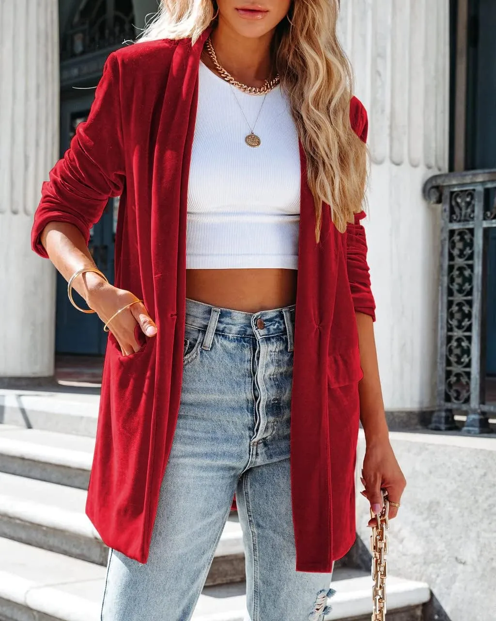 Fronage Women's Business Velvet Blazer Jacket Casual Long Sleeve Lapel Collar Blazer Suits Tops Long Cardigan Outerwear
