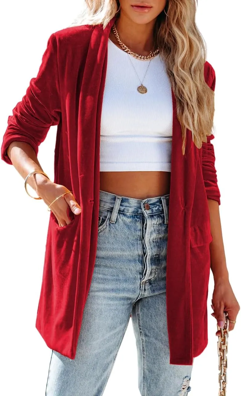 Fronage Women's Business Velvet Blazer Jacket Casual Long Sleeve Lapel Collar Blazer Suits Tops Long Cardigan Outerwear