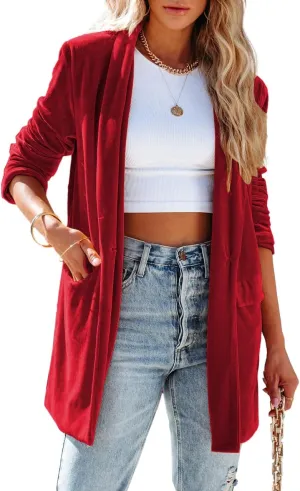 Fronage Women's Business Velvet Blazer Jacket Casual Long Sleeve Lapel Collar Blazer Suits Tops Long Cardigan Outerwear