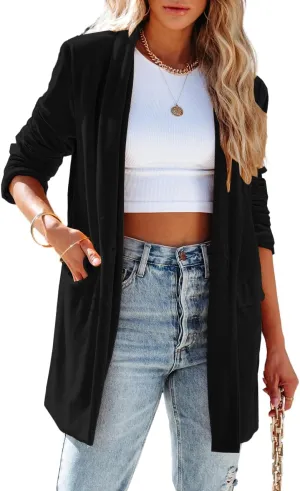 Fronage Women's Business Velvet Blazer Jacket Casual Long Sleeve Lapel Collar Blazer Suits Tops Long Cardigan Outerwear