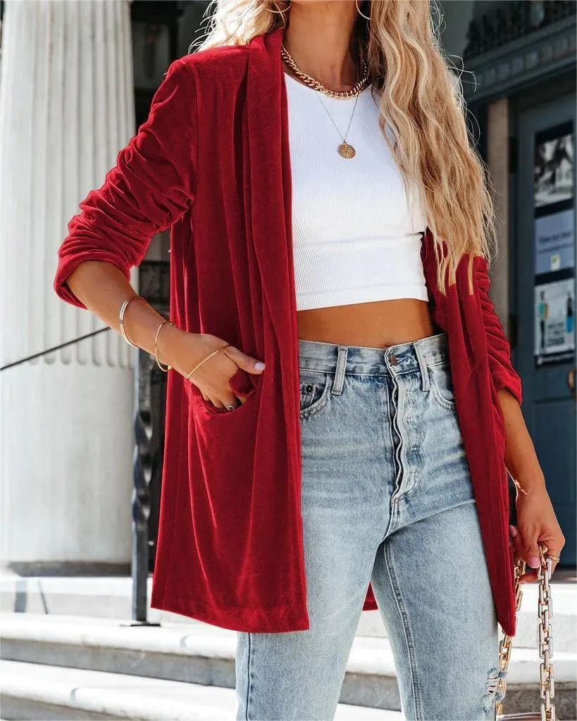 Fronage Women's Business Velvet Blazer Jacket Casual Long Sleeve Lapel Collar Blazer Suits Tops Long Cardigan Outerwear
