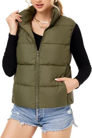 Fuinloth Women's Lightweight Puffer Vest, Water Repellent, 4 Pockets, Double Slider Zipper, Elastic Hem for Fall & Winter