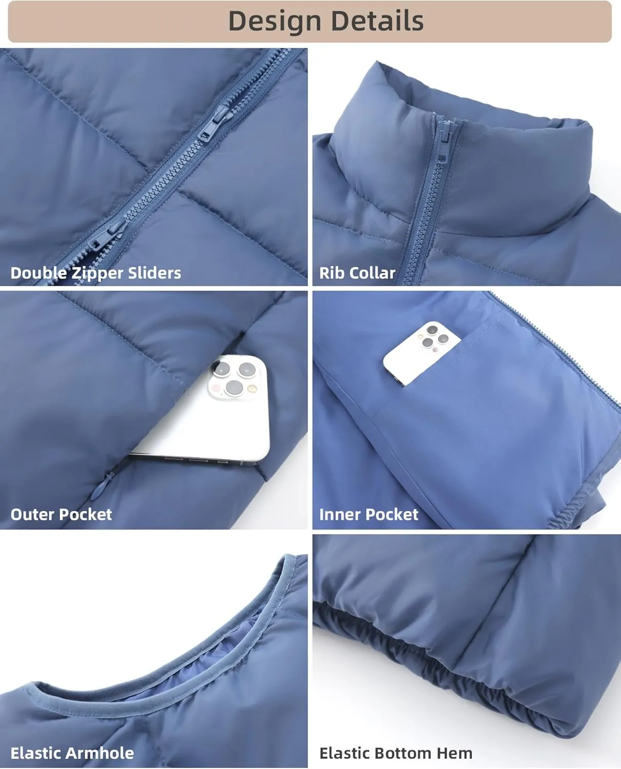 Fuinloth Women's Lightweight Puffer Vest, Water Repellent, 4 Pockets, Double Slider Zipper, Elastic Hem for Fall & Winter