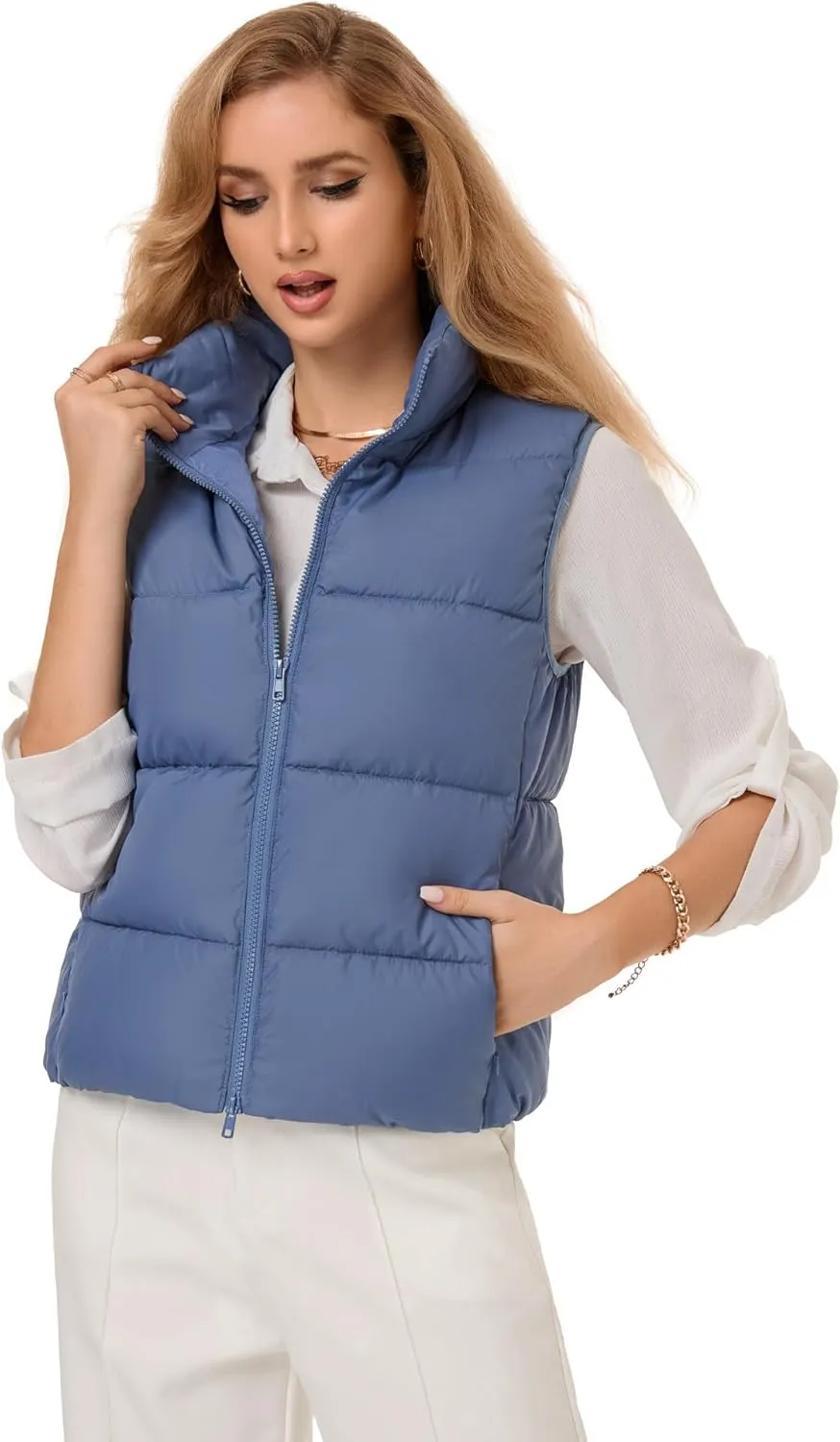 Fuinloth Women's Lightweight Puffer Vest, Water Repellent, 4 Pockets, Double Slider Zipper, Elastic Hem for Fall & Winter