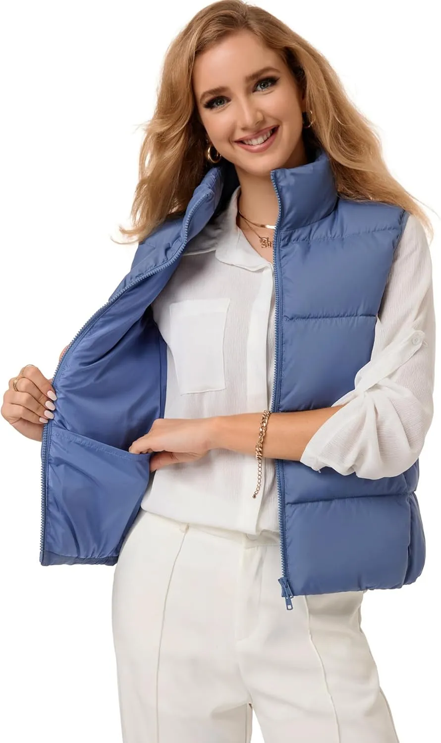 Fuinloth Women's Lightweight Puffer Vest, Water Repellent, 4 Pockets, Double Slider Zipper, Elastic Hem for Fall & Winter