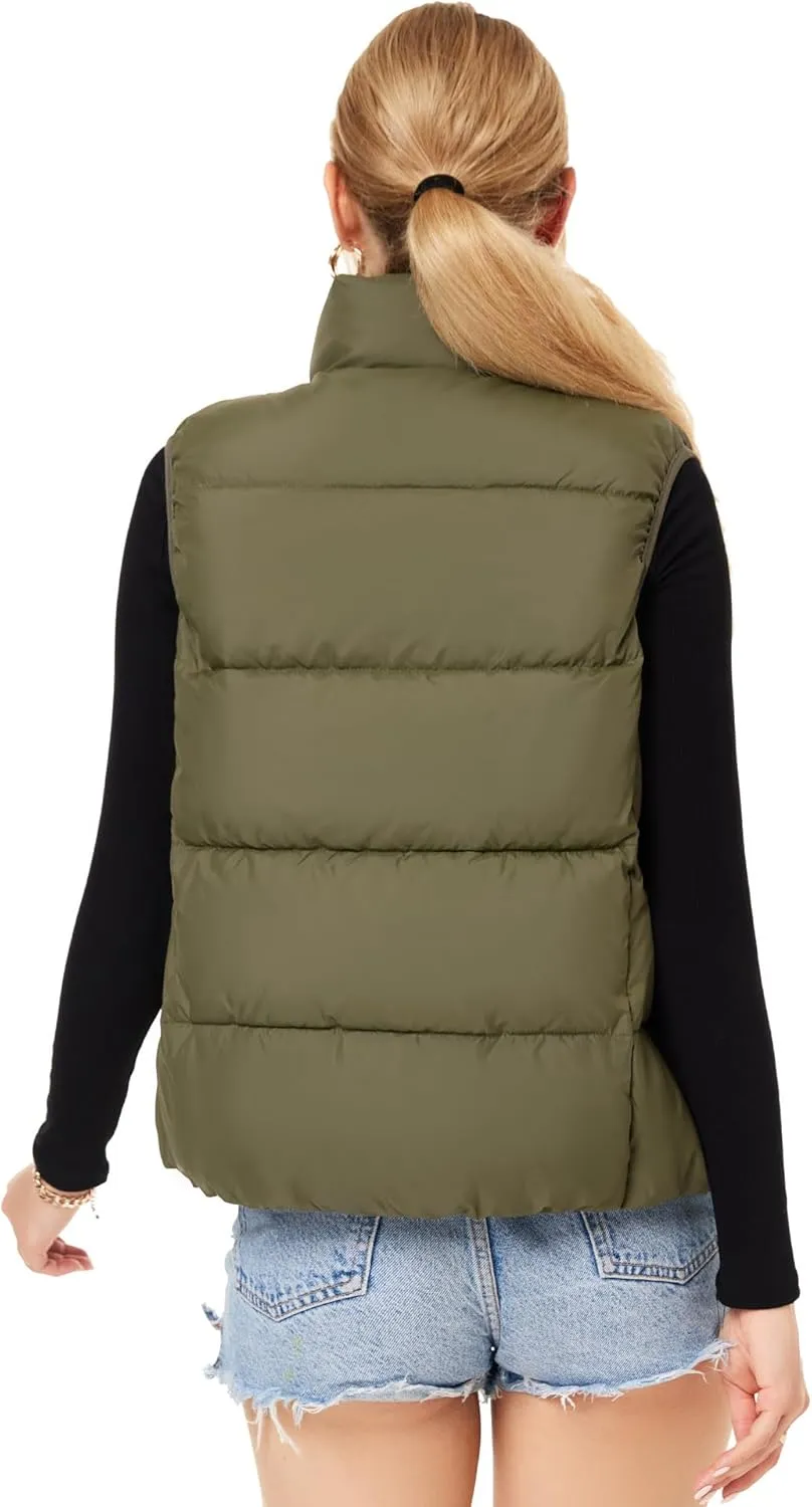 Fuinloth Women's Lightweight Puffer Vest, Water Repellent, 4 Pockets, Double Slider Zipper, Elastic Hem for Fall & Winter