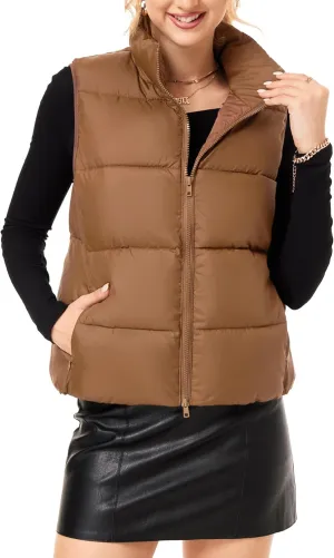 Fuinloth Women's Lightweight Puffer Vest, Water Repellent, 4 Pockets, Double Slider Zipper, Elastic Hem for Fall & Winter