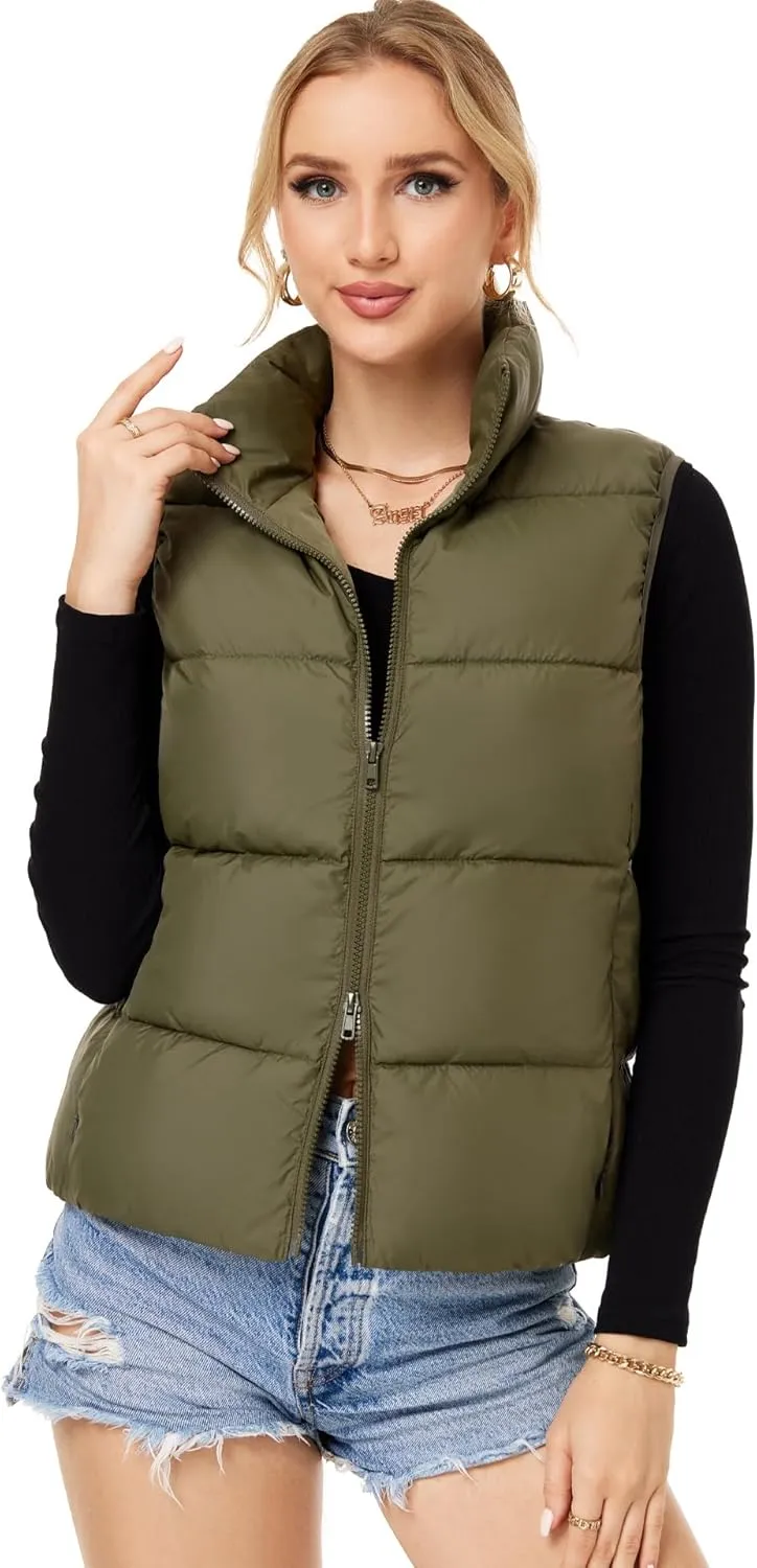 Fuinloth Women's Lightweight Puffer Vest, Water Repellent, 4 Pockets, Double Slider Zipper, Elastic Hem for Fall & Winter