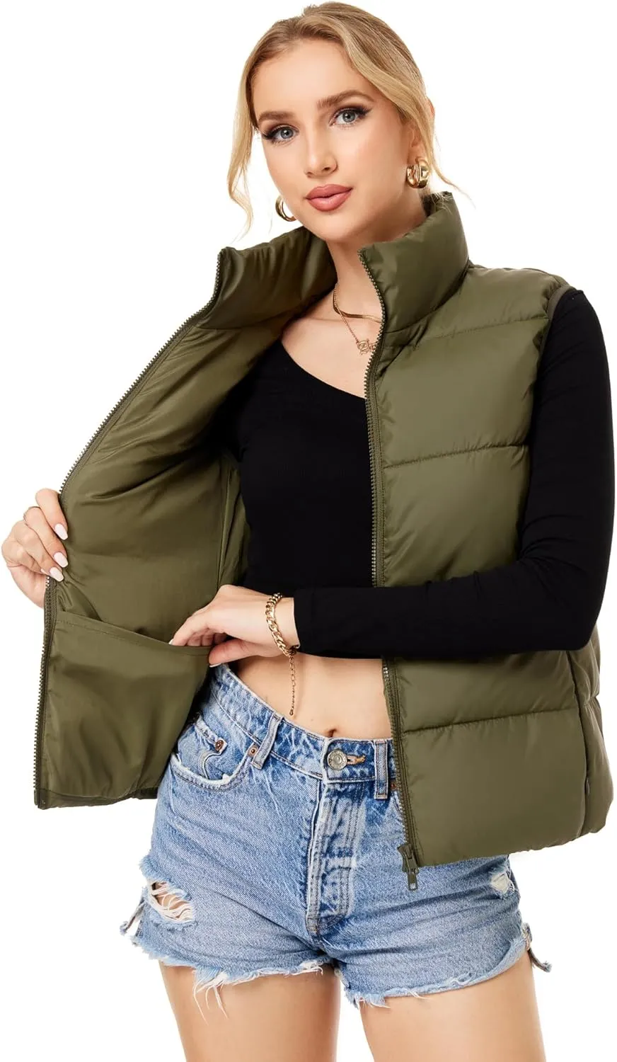 Fuinloth Women's Lightweight Puffer Vest, Water Repellent, 4 Pockets, Double Slider Zipper, Elastic Hem for Fall & Winter