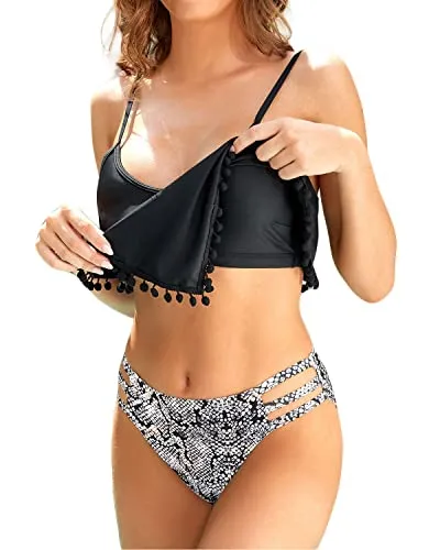 Full Coverage Bathing Suit Adjustable Straps Ruffle Bikini-Black And White Snake Print
