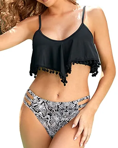 Full Coverage Bathing Suit Adjustable Straps Ruffle Bikini-Black And White Snake Print
