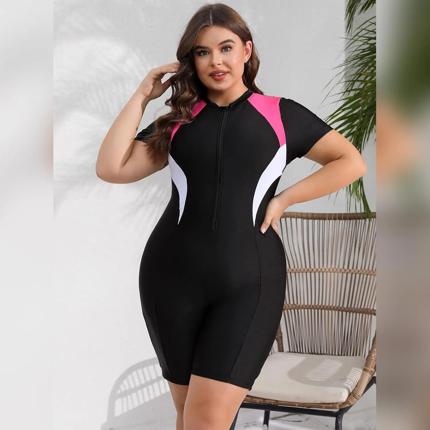 FYMNSI Women Plus Size Zipper Rash Guard Sun Protection Surf Rashguard Boyleg One Piece Sport Swimsuit Padded Bathing Suit