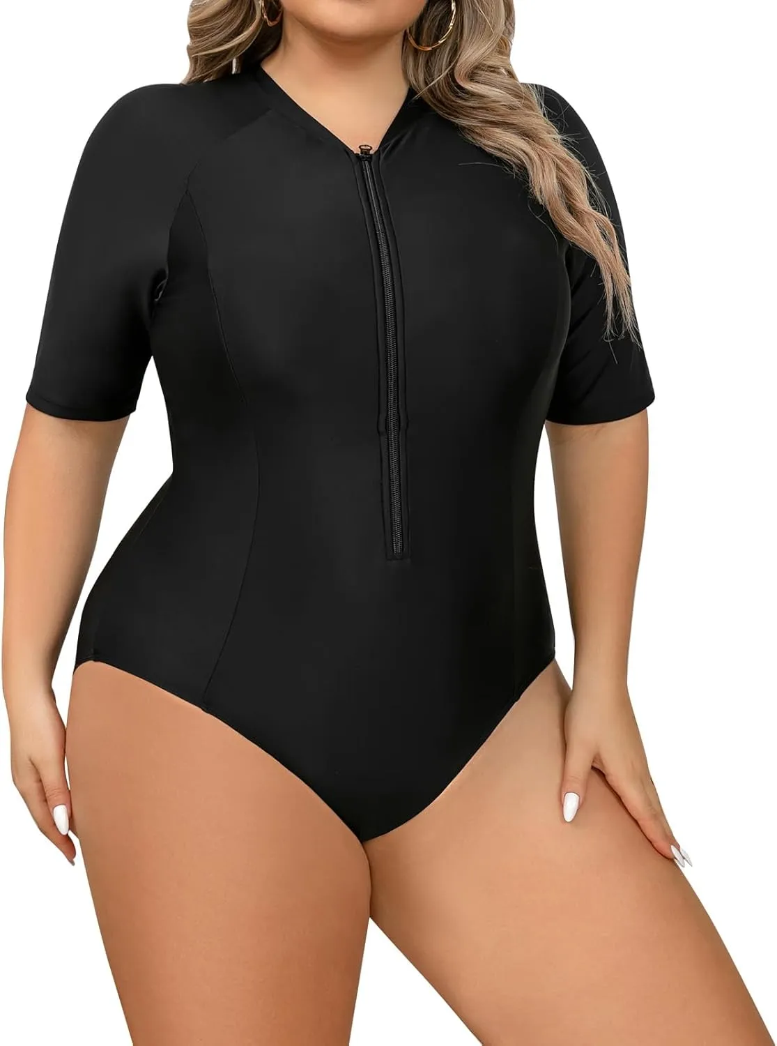 FYMNSI Women Plus Size Zipper Rash Guard Sun Protection Surf Rashguard Boyleg One Piece Sport Swimsuit Padded Bathing Suit
