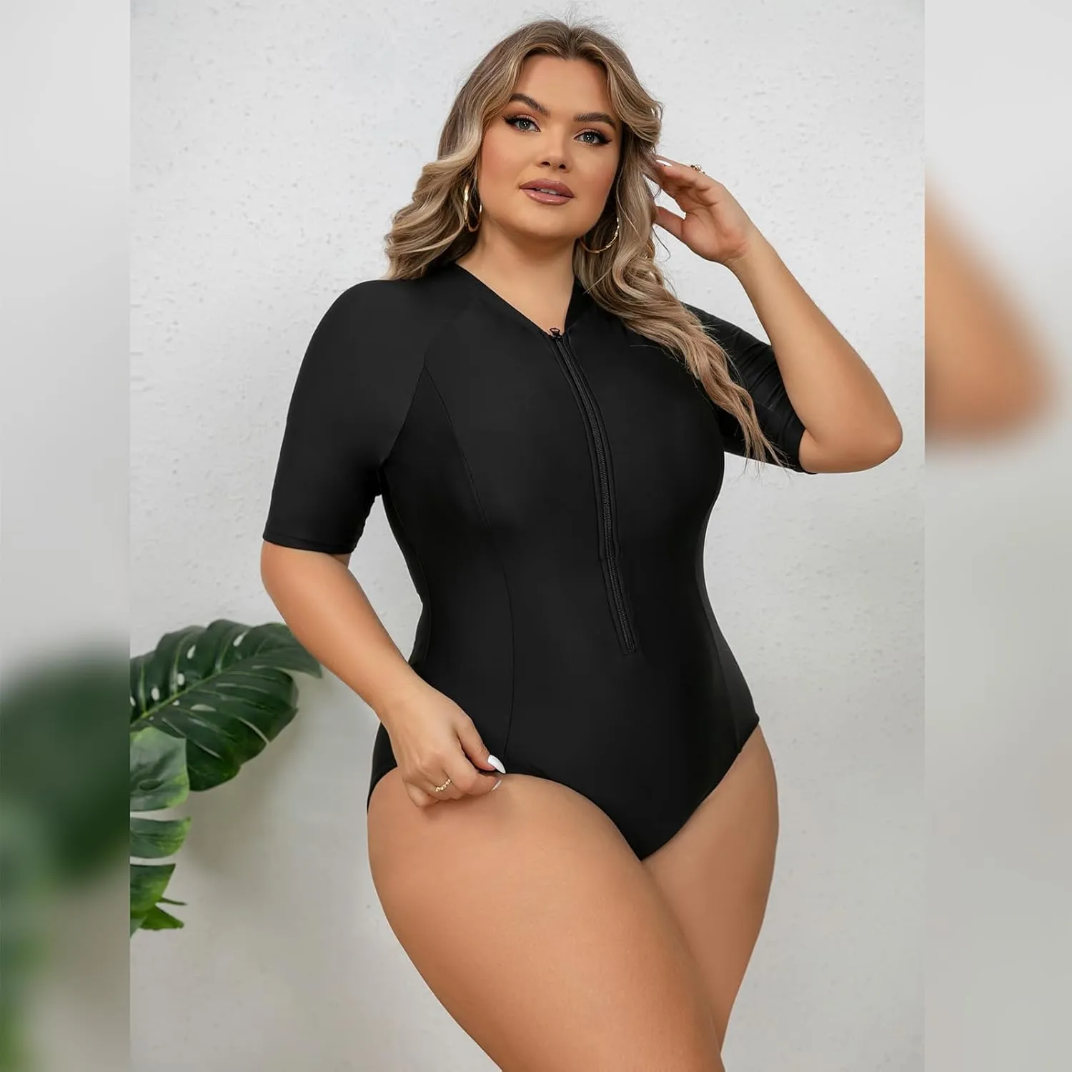 FYMNSI Women Plus Size Zipper Rash Guard Sun Protection Surf Rashguard Boyleg One Piece Sport Swimsuit Padded Bathing Suit