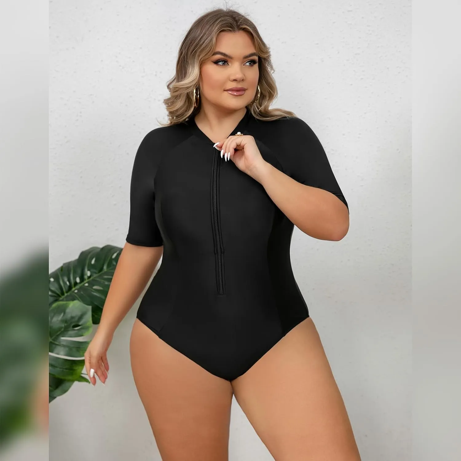 FYMNSI Women Plus Size Zipper Rash Guard Sun Protection Surf Rashguard Boyleg One Piece Sport Swimsuit Padded Bathing Suit