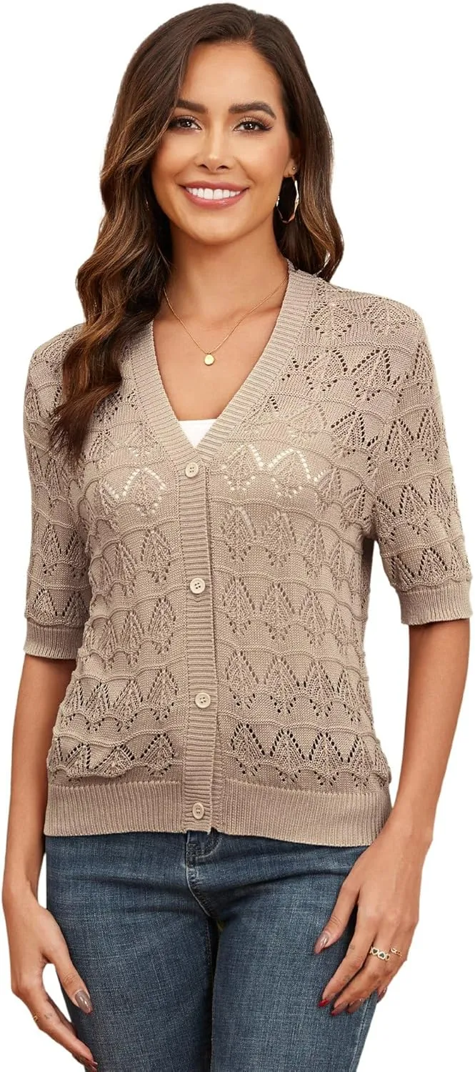 Genhoo Cropped Cardigan Sweaters for Women Short Sleeve Crochet Knit Bolero Shrug V-Neck Button up Hollowed-Out Knit Sweater