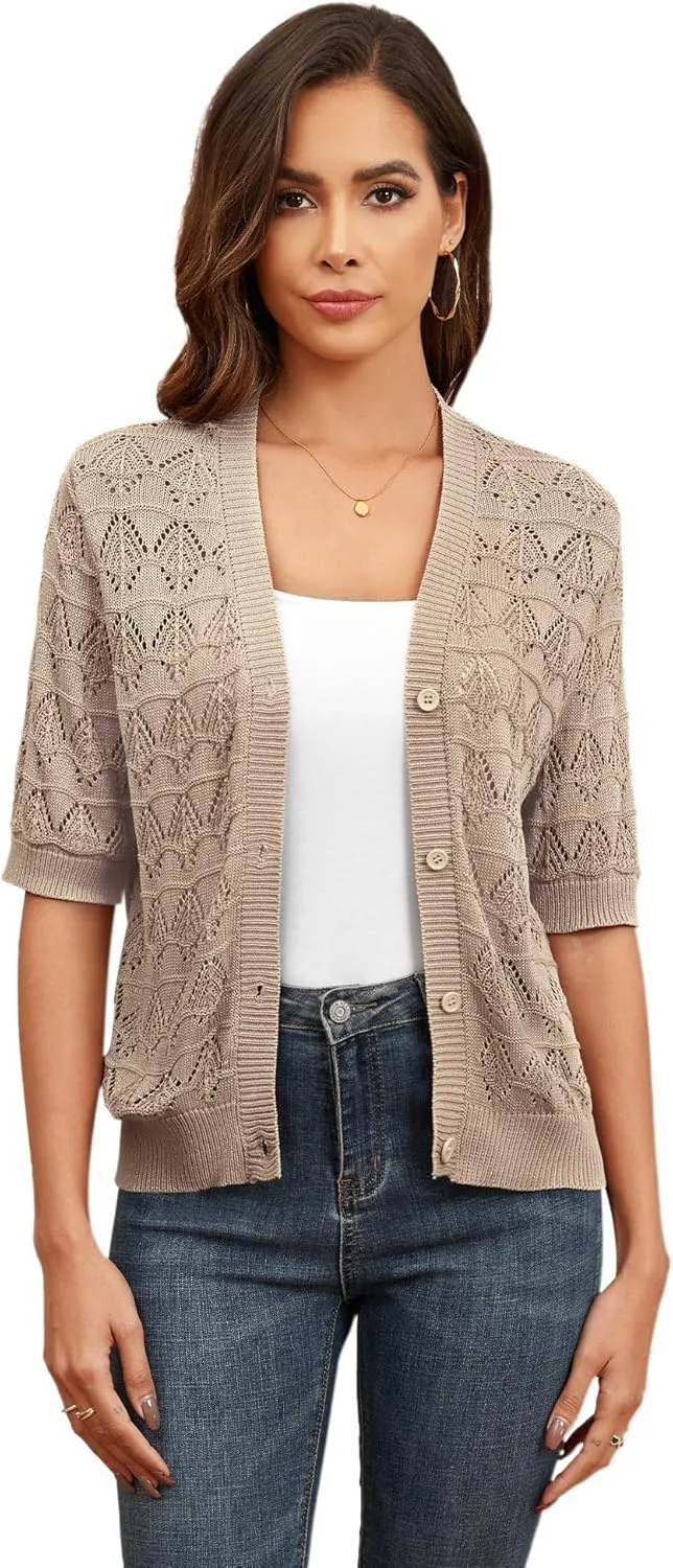 Genhoo Cropped Cardigan Sweaters for Women Short Sleeve Crochet Knit Bolero Shrug V-Neck Button up Hollowed-Out Knit Sweater