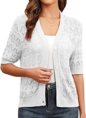 Genhoo Cropped Cardigan Sweaters for Women Short Sleeve Crochet Knit Bolero Shrug V-Neck Button up Hollowed-Out Knit Sweater